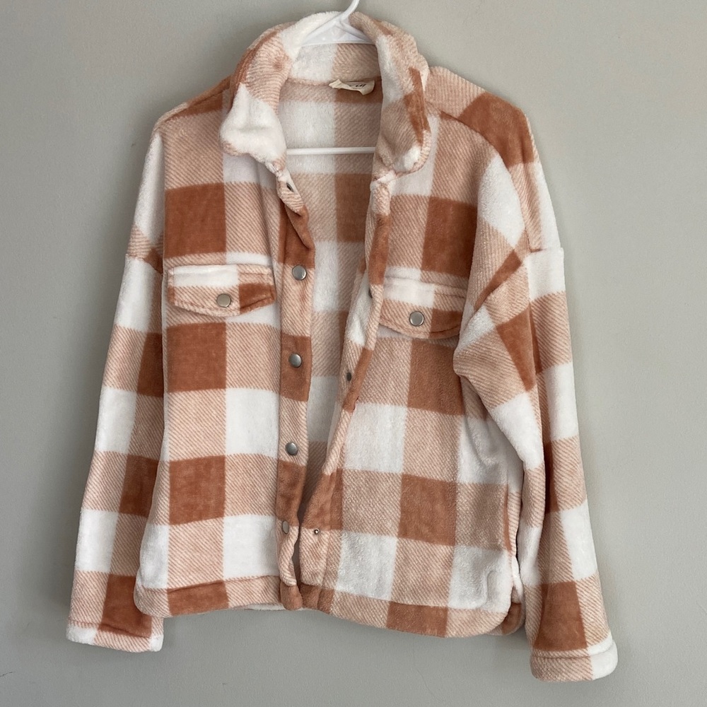 Plaid Tan Pinkish and White Women's Jacket size Small
